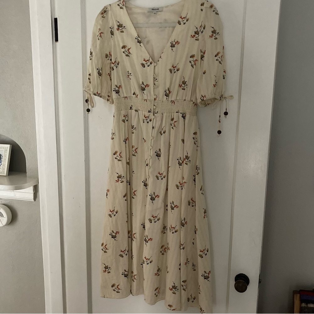 Madewell Tie-Sleeve Smocked-Waist Button-Front Midi Dress size S